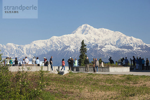 Touristen betrachten den Denali an der Abzweigung bei Meile 135 im Sommer  Southcentral Alaska  USA