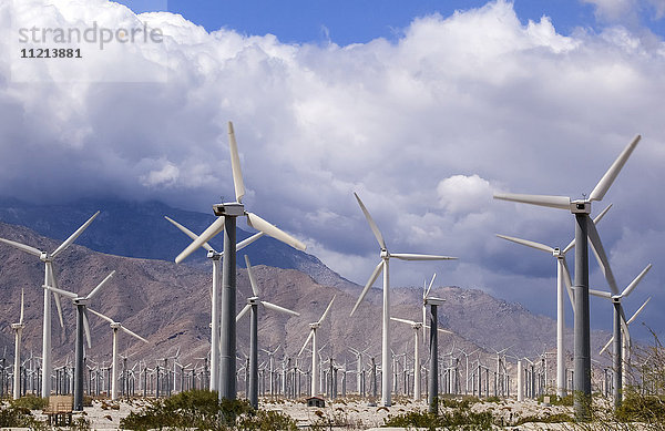 Ein Feld von Windgeneratoren mit Bergen und Wolken im Hintergrund  ein häufiger Anblick in Kalifornien; Palm Springs  Kalifornien  Vereinigte Staaten von Amerika'.