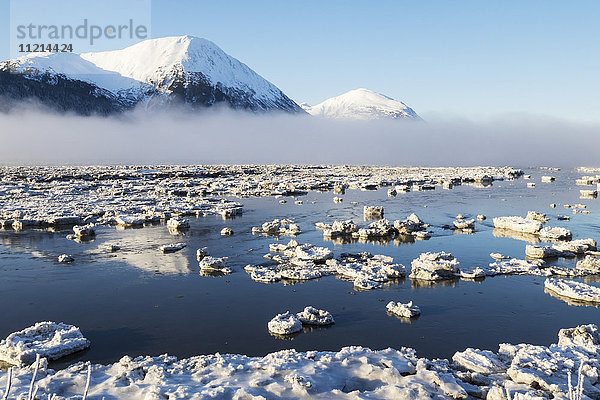 Frühlingsaufbruch am Portage Lake  Eisbrocken übersäen den See  als das Wasser zu laufen beginnt  Southcentral Alaska; Alaska  Vereinigte Staaten von Amerika'.