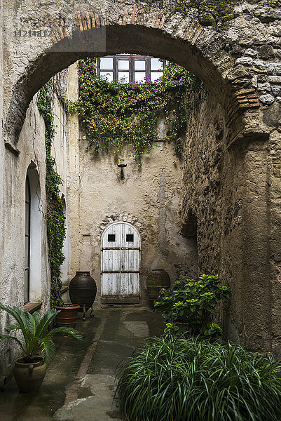 Steinmauer und Torbogen mit einem Weg  der zu einer weißen Holzbogentür führt  Pflanzen säumen den Weg  Schloss Aragonese; Ischia  Kampanien  Italien'.