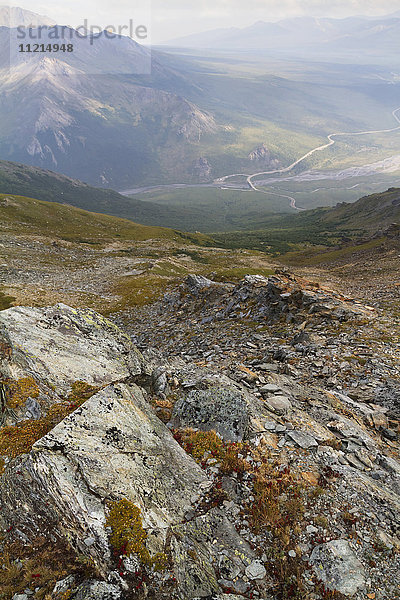 Savage River area near where the pavement ends and the gravel starts  near Mile 15  Denali National Park and Preserve  interior Alaska in summertime; Alaska  United States of America'.