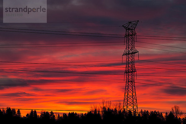 Silhouette eines hohen Metall-Elektroturms mit buntem  dramatischem Himmel bei Sonnenaufgang; Calgary  Alberta  Kanada'.