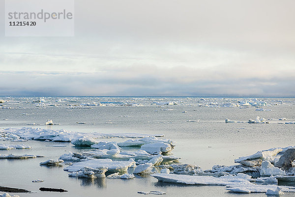 Sommerliches Meereis sammelt sich in der Nähe der Küste des Arktischen Ozeans  teilweise bewölkter Himmel im Hintergrund; Barrow  North Slope  Alaska  Vereinigte Staaten von Amerika'.