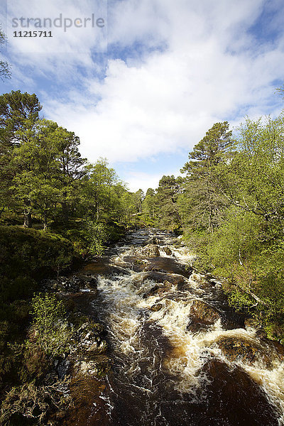 Felsiger  von Wald gesäumter Fluss in den schottischen Highlands