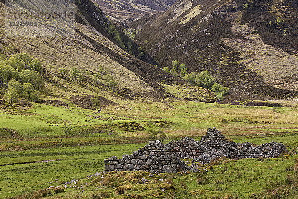 Ruinen eines verlassenen Gehöfts in der schottischen Hochlandlandschaft