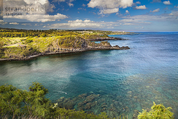 Schnorchler in der Honolua Bay  mit dem Ritz Carlton Hotel und der Insel Lanai im Hintergrund; Maui  Hawaii  Vereinigte Staaten von Amerika