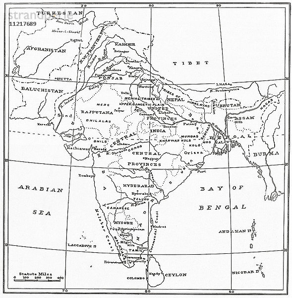 Eine Karte von Indien zu Beginn des 20. Jahrhunderts. Aus Customs of The World  veröffentlicht um 1913.