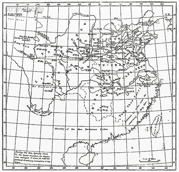 Eine Karte von China unter der Hsia-Dynastie  2205 v. Chr. Aus Hutchinson's History of the Nations  veröffentlicht 1915.
