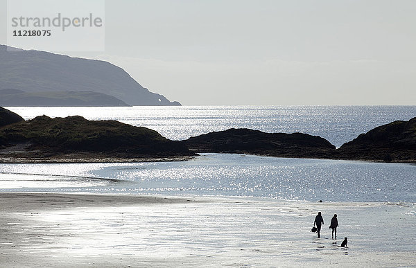 Silhouette eines Mannes  einer Frau und eines Hundes an einem Strand mit schimmerndem Wasser und Küstenlinie; County Kerry  Irland