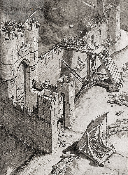 Die Belagerung einer Burg im 14. Jahrhundert. Ein Nahkampf auf einer Leiter  die gegen die Zinnen geworfen wird  während die Garnison Steine von einem Katapult schleudert. Aus Life and Work of The People of England  veröffentlicht 1928