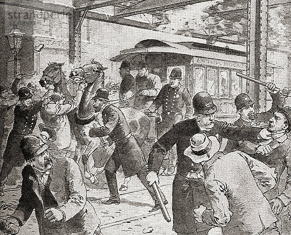 Der Straßenbahnstreik von 1889  Rochester  New York  Vereinigte Staaten von Amerika. Ein Protest der Arbeiter gegen die langen Arbeitszeiten und das Ausgesetztsein auf offenen Plattformen bei Wind und Wetter. Aus The History of Our Country  veröffentlicht 1900'