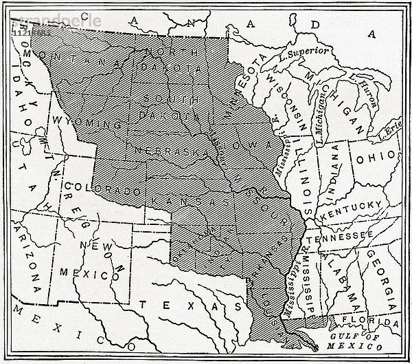 Karte des Louisiana-Kaufs. Der Erwerb des Gebiets von Louisiana (828.000 Quadratmeilen) durch die Vereinigten Staaten von Frankreich im Jahr 1803. Aus The History of Our Country  veröffentlicht 1900