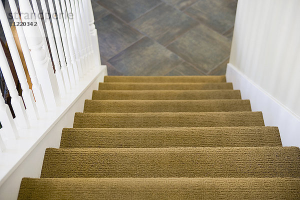 Blick auf die mit Teppich ausgelegte Treppe