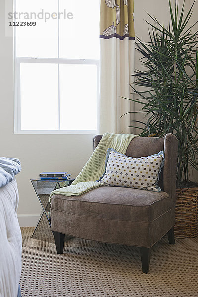 Sessel mit Zimmerpflanze am Fenster zu Hause