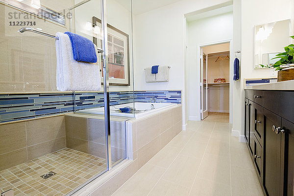 Zeitgenössisches Badezimmer mit Glasdusche und Badewanne zu Hause