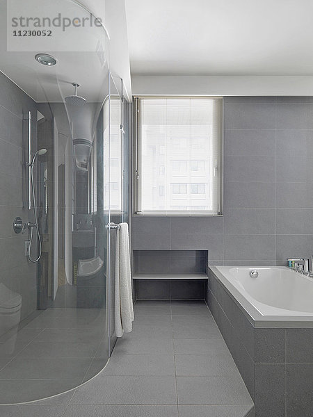 Große Glasdusche im modernen grauen Badezimmer