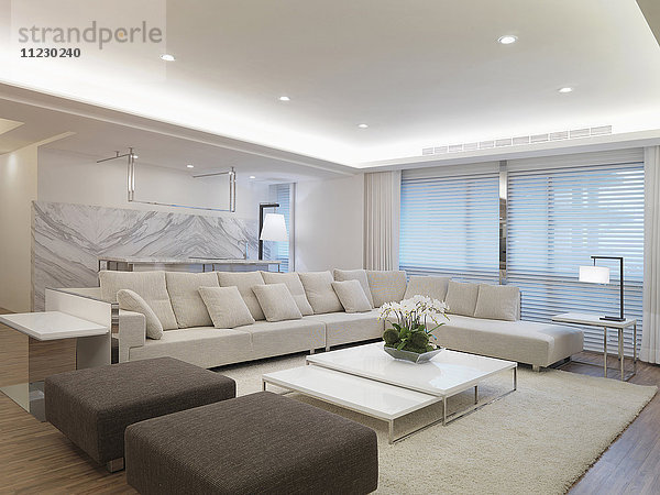 Modernes Wohnzimmer mit weißem Sektionssofa