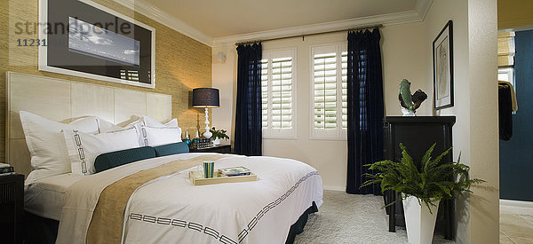 Gelassenes Schlafzimmer mit blauen Akzenten  Panoramablick