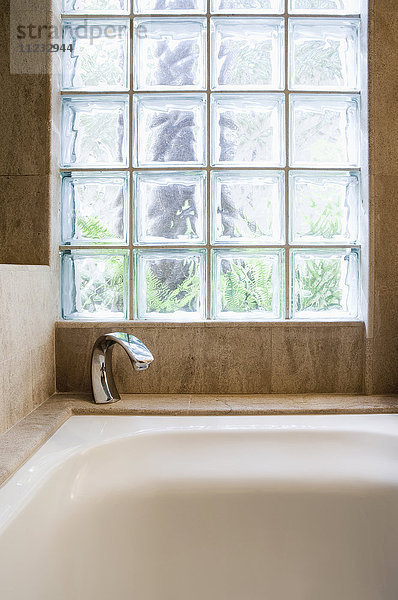 Detail der Badewanne und des gewürfelten Glasfensters.