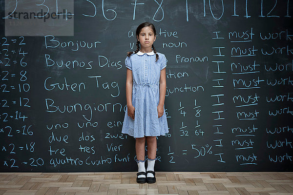 Porträt eines Schulmädchens  das vor einer großen Kreidetafel steht  auf der Schularbeiten eingekreidet sind