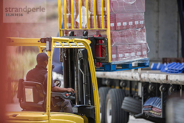 Gabelstaplerfahrer lädt Palette in Verpackungsfabrik auf Lkw