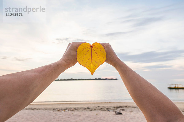 Hände einer jungen Frau halten herzförmiges Blatt am Strand  Gili Meno  Lombok  Indonesien