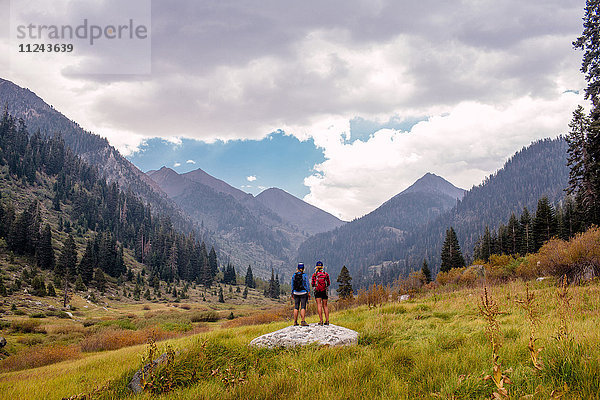 Zwei Wandererinnen bei der Ansicht  Rückansicht  Mineral King  Sequoia National Park  Kalifornien  USA