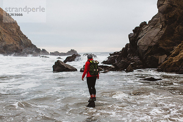 Wanderer genießt Aussicht am Strand  Big Sur  Kalifornien  USA