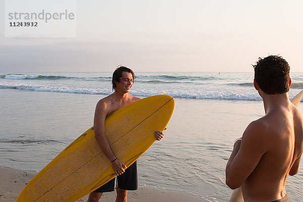 Zwei junge Männer am Strand  die Surfbretter halten