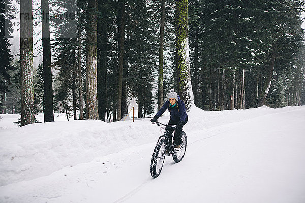 Mountainbiken einer Frau im Schnee  Sequoia-Nationalpark  Kalifornien  USA