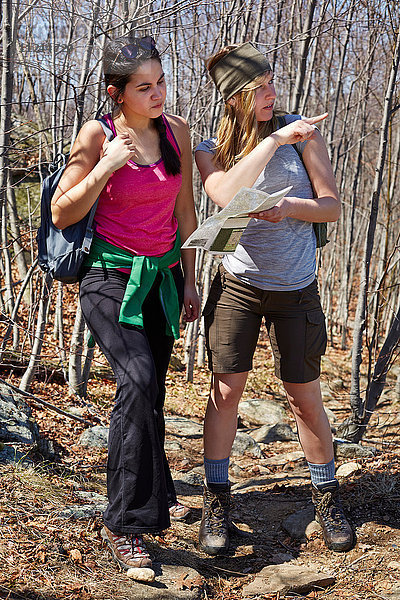 Zwei Wandererinnen beim Blick auf die Karte und beim Zeigen in den Wald  Harriman State Park  New York State  USA