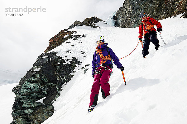 Bergsteiger beim Abstieg vom schneebedeckten Berg  Saas Fee  Schweiz