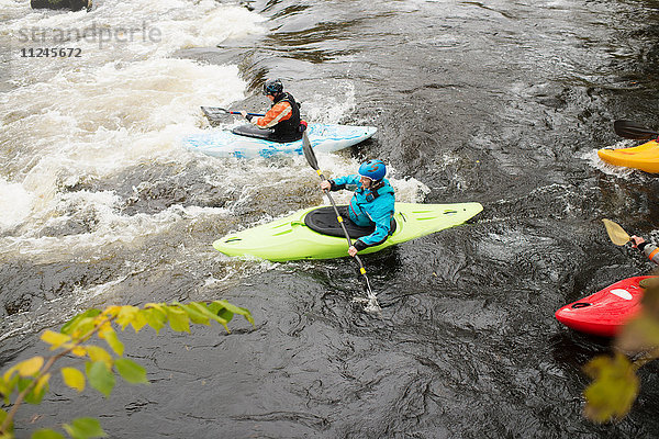 Männliche und weibliche Kajakfahrer paddeln zu Stromschnellen auf dem Fluss Dee  Llangollen  Nordwales