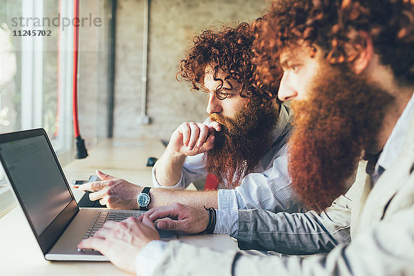 Männliche erwachsene Hipster-Zwillinge arbeiten am Laptop im Büro