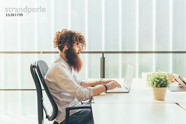 Junger männlicher Hipster mit roten Haaren und Bart auf dem Laptop am Schreibtisch