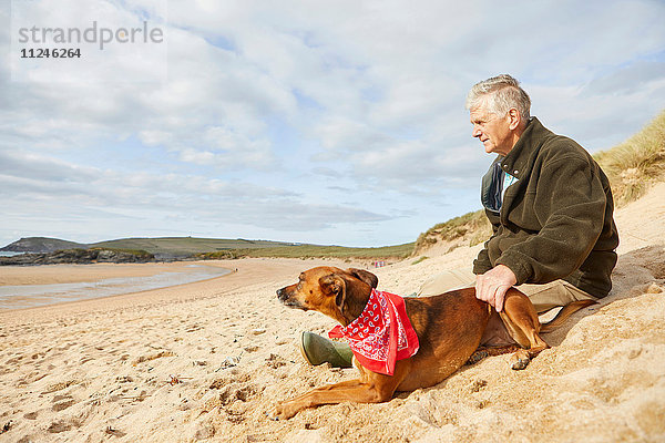 Mann und Hund am Strand sitzend  Constantine Bay  Cornwall  UK