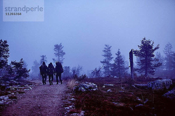 Wanderer durchqueren felsiges Feld in der Dämmerung  Sarkitunturi  Lappland  Finnland