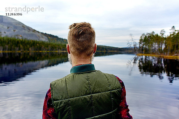 Wanderer mit Blick auf den See  Kesankijarvi  Lappland  Finnland