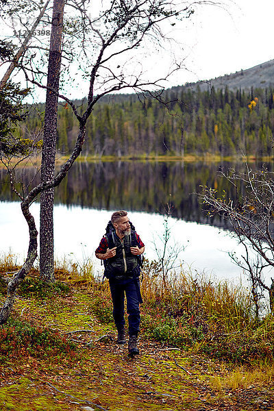 Wanderer am See  Kesankijarvi  Lappland  Finnland