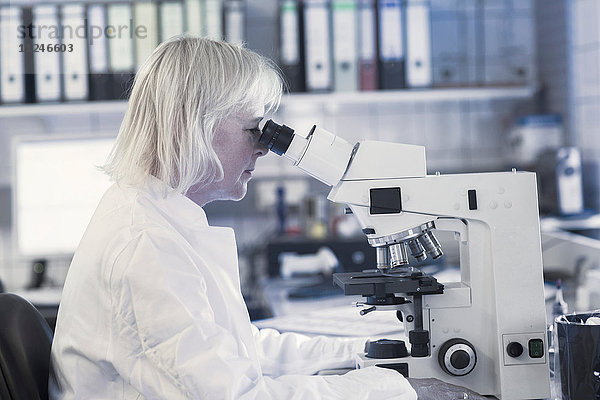 Wissenschaftlerin mit Mikroskop im Labor