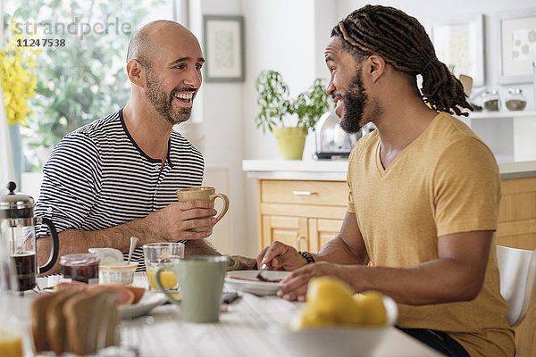 Lächelndes homosexuelles Paar beim Frühstück in der Küche