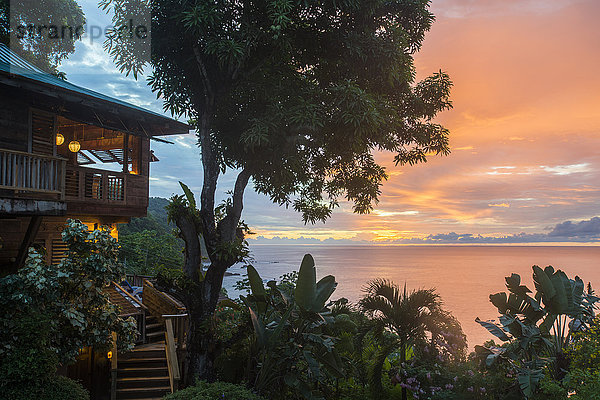Eine Wohnung im Baumhausstil im Regenwald mit Blick auf das Meer bei Sonnenuntergang in der Castara-Bucht in Tobago  Trinidad und Tobago  Westindien  Karibik  Mittelamerika