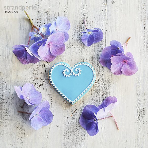Keks in Herzform mit blauem und weißem Zuckerguss dekoriert  umgeben von Blumen