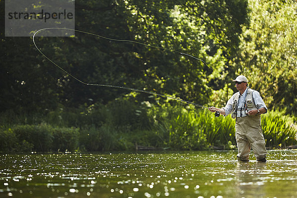 Senior Mann Fliegenfischen am Summer River