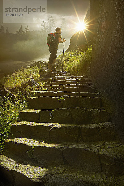 Kaukasischer Wanderer mit Wanderstock auf einem sonnigen Bergpfad