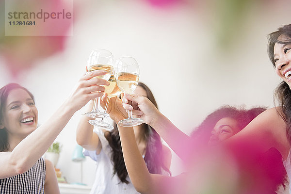 Lächelnde Frauen  die mit Weißwein anstoßen