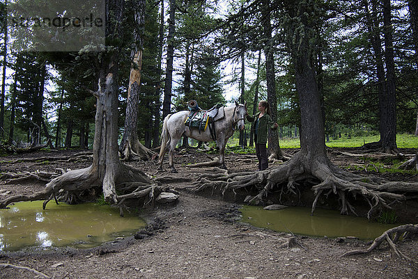Kaukasisches Mädchen streichelt Pferd im Wald in der Nähe von Pfützen
