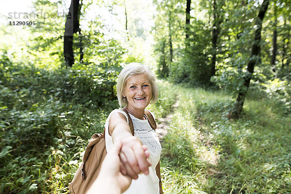 Porträt einer glücklichen älteren Frau  die die Hand des Mannes in der Natur hält.