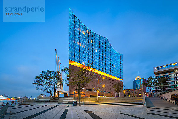 Deutschland  Hamburg  beleuchtete Elbphilharmonie in der Morgendämmerung