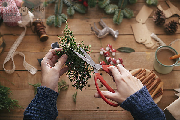 Frauenhände schneiden Zweig zum Dekorieren von Weihnachtsgeschenken